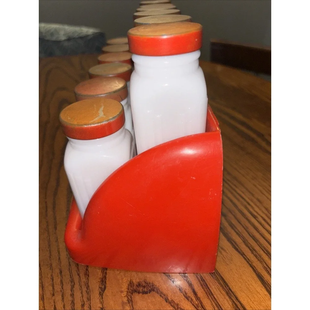 Griffith 12 Milk Glass Spice Jars Red Caps Red Rack Vintage Art Deco Kitchen